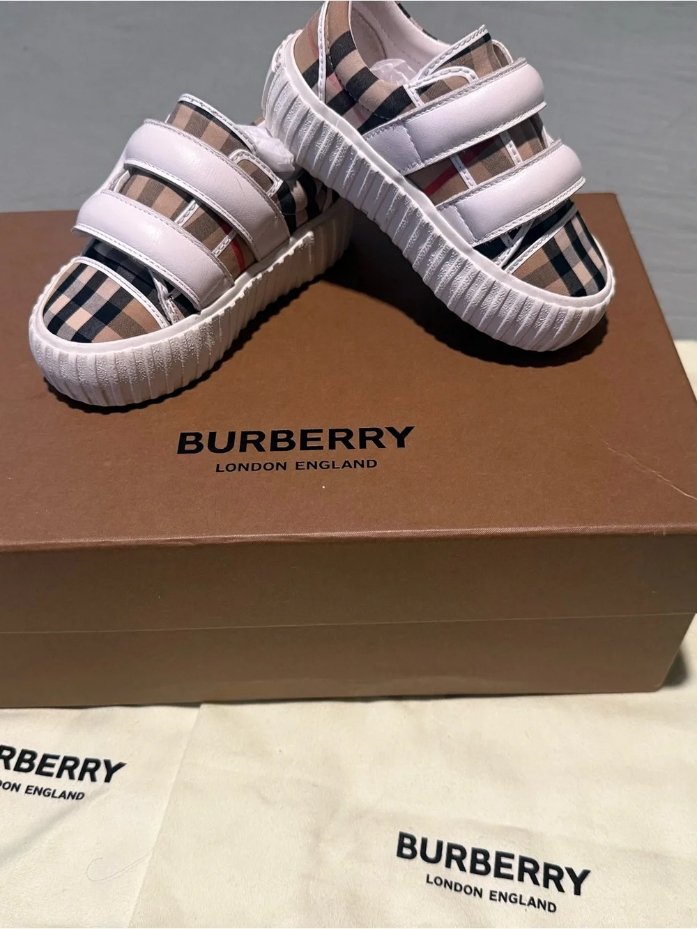 Burberry Beige Nova Check Kids Sneakers with White Straps